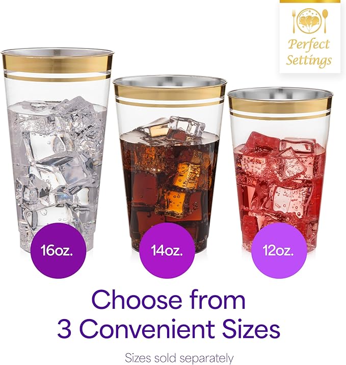 Perfect Settings Premium Double Gold Rimmed Disposable Plastic Cups, Durable Clear Plastic Drinking Glasses for Cold Beverages & Cocktails, BPA-FREE, Disposable Wedding Cups, 14 oz. (Pack of 100)
