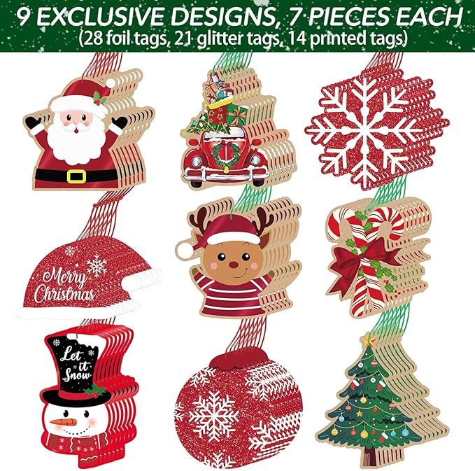 Christmas Gift Tags, 63Pcs Christmas Hanging Labels with String, Christmas Name Tags for Gifts, Glitter Foil Printed Xmas Gift Tags, Santa Snowman Gift Labels for DIY Xmas Holiday Present Wrapping