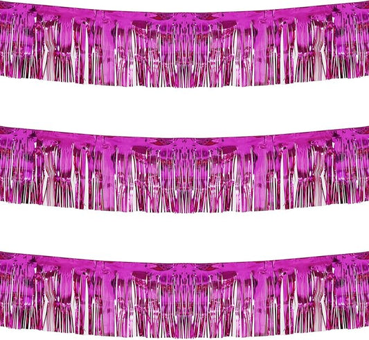 Thick 10 feet by 15 inches Fuchsia Foil Fringe Garland - Pack of 3 | Shiny Metallic Tassle Banner for Car Parade Floats, Wedding, Birthday | Wall Hanging Fringe Garland Banner (Fuchsia)