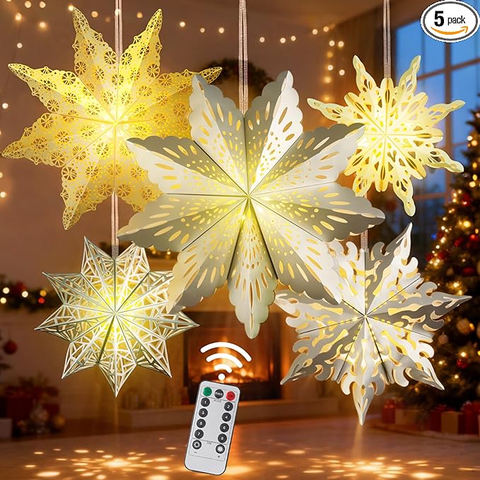5 Pcs Christmas Paper Snowflake Lanterns, Large 3D Christmas Paper Star Lanterns with LED Lights, White Silver Hanging Snowflake Lamps for Xmas Winter Frozen Weddings Holiday Party Decorations