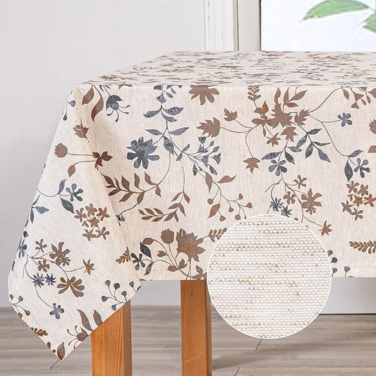 MYSKY HOME Rustic Tablecloth Classic Brown Leaves Printed Linen Fabric Table Cover Waterproof Fabric Tablecloth Farmhouse Decoration 60x84 Inches Rectangle/Oblong for Kitchen Dining and Outdoor Use