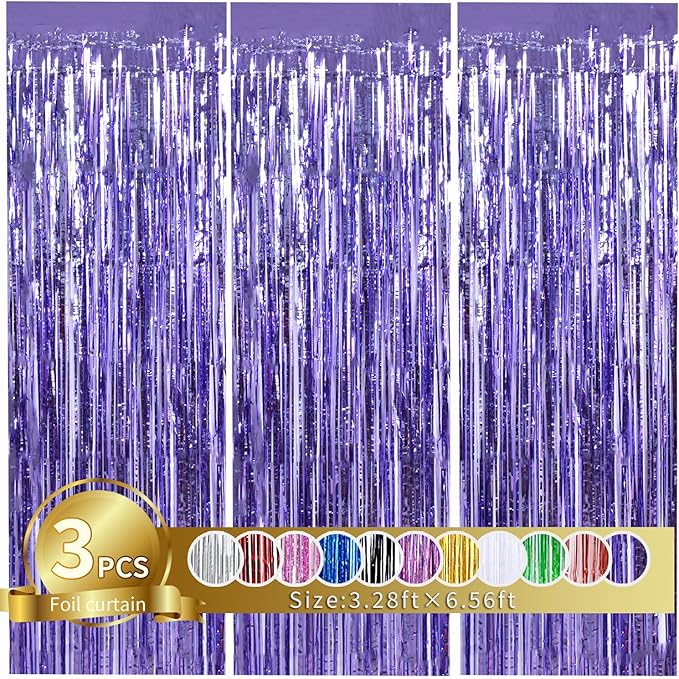 TONIFUL 3Pcs Light Purple Door Streamers Purple Photo Booth Backdrop Metallic Streamers Foil Fringe Curtains for Birthday,Christmas,New Year,Bachelorette,Grad Party Streamers Decor(9.9ft x 6.6ft)