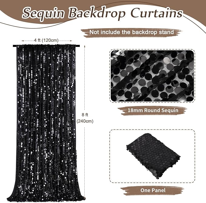 Black Sequin Backdrop Curtains 4ftx8ft Halloween Glitter Backdrop Drapes Big Payette Shimmer Sparkly Fabric Birthday Dessert Table Background Backdrop