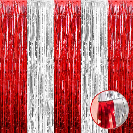 4 Pack Silver Red Foil Fringe Curtain Backdrop, 3.28Ft x 8.2Ft Metallic Tinsel Foil Fringe Streamers Curtains for Photo Booth, Wedding, Circus Welcome Carnival Birthday Party Decoration
