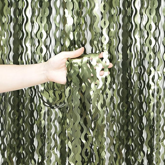 4 Pack Wavy Olive Green Streamers Backdrop Jungle Party Decorations - 3.3x6.6ft Foil Fringe Curtains Photo Booth for Dinosaur Animal St Patrick's Day Football Decor