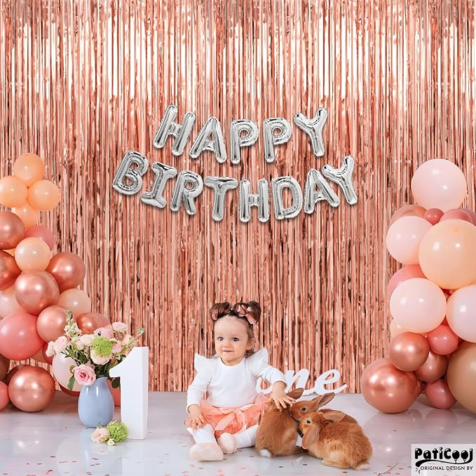 Rose Gold Birthday Decorations for Women Girls - Thicken 4 Pack 3.2 x 8.2 FT - Rose Gold Foil Fringe Curtain Backdrop for Birthday, Bridal Shower, Baby Shower, Bachelorette Party Decorations
