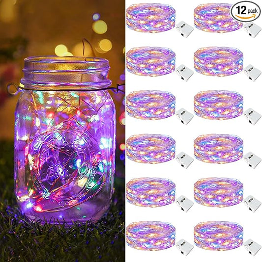 btfarm 12 Pack Fairy Lights Battery Operated [3 Modes], 7ft 20 Led Twinkle Lights String Lights Waterproof Bulk Small Mini Silver Wire for Mason Jars Vases Wedding Table Centerpiece, Colorful