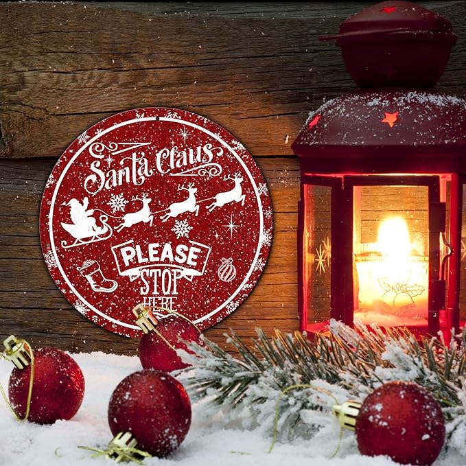 Round Metal Tin Sign - Santa Sleigh Reindeer Vintage Sign - Santa Claus Please Stop Here Sign for Christmas Living Room Bedroom Coffee Bar - 8 * 8 in