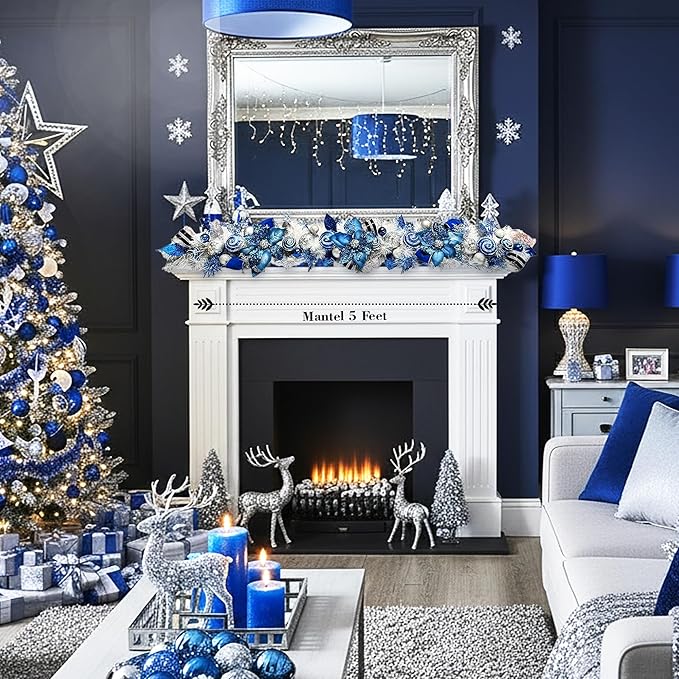 5 ft Christmas Garland for Mantle Unlit Garland for Stairs Railing, Banister, Staircase, Fireplace, for Table No Light, Garland Decor Frosted Red Poinsettia Holiday Tree (Lux Blue Silver)