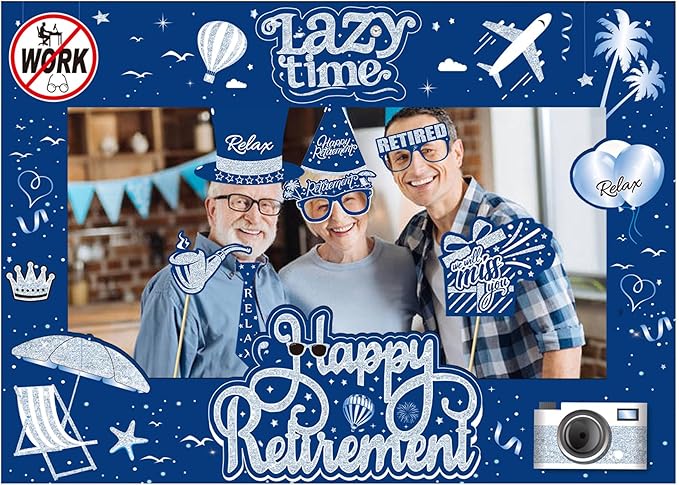 Retirement Party Photo Booth Props Kit - 27pcs Paper Photo Props 1 Frame Glitter Retirement Party Decorations for Retiree Celebration, Farewell Office Party Supplies (Blue and Silver)