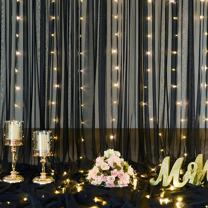 20ft x 10ft Black Tulle Photo Backdrop Curtain with Lights String for Parties Sheer Black Curtain Backdrop for Birthday Party Baby Shower Wedding Photo Booth Photography Background Decorations