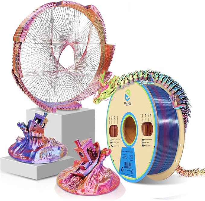 YOUSU PLA Filament Triple Color Coextrusion Silk 3D Printer Filament 1.75mm for 3D Printer & 3D Pen, Multicolor PLA Rainbow Filament, 1kg(2.2lbs) Silk PLA Red Gold Blue.