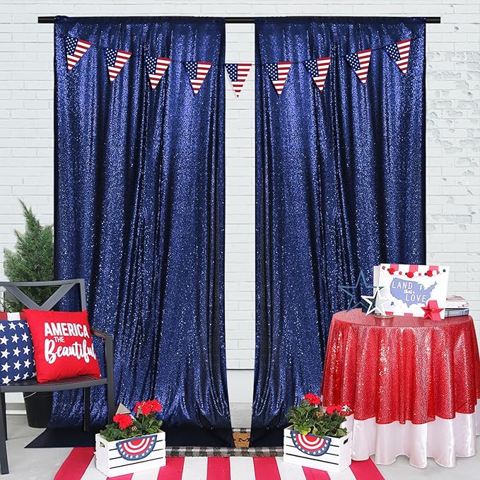PartyDelight Navy Blue Sequin Backdrop 2 Panels 5Ft x 10FT Photography Christmas Curtain