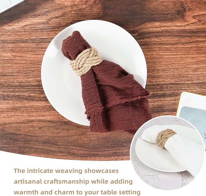 Woven Napkin Rings Set of 48, Mgrlfbl Farmhouse Burlap Napkin Ring for Holiday Dinner Birthday Wedding Thanksgiving Christmas Banquet Party of Table Setting Decorations(Yute 48)