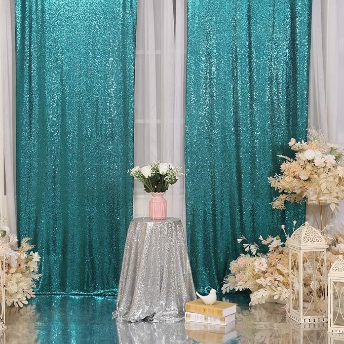 Juya Delight Teal Sequin Backdrop Curtain,4PCS 2FTx8ft Glitter Backdrop Curtain for Party,Birthday,Christmas Wedding Decoration,