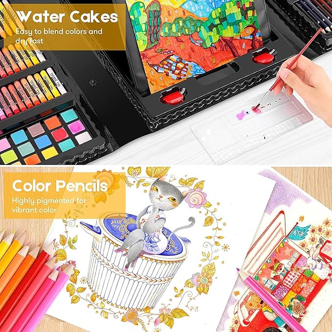 Back to School Supplies for Kids Teen Girls Boys, Art Set Case with Trifold Easel, Scratch Paper, Sketch Pad, Coloring Book, Crayons, Pencils, Oil Pastels, Watercolors, Sharpener