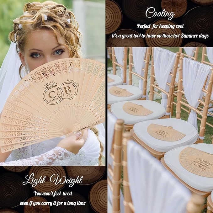 100 PCS Custom Fans Personalized Folding Fans for Line Dancing Wooden Hand Fan Wedding Favors Bulk Fans for Guests Party Event Use (Style11)