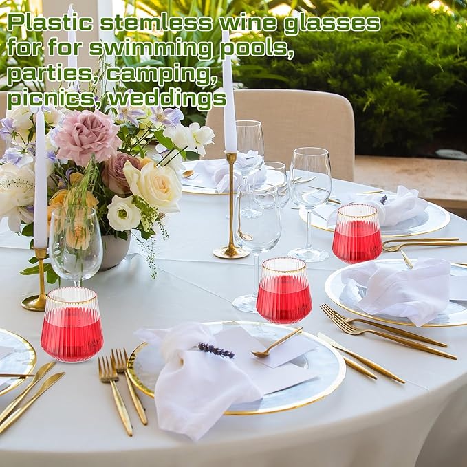 Suclain Plastic Wine Glasses Ribbed Stemless Wine Glasses 14oz Vertical Design Unbreakable Cups for Outdoor Indoor Vintage Elegant Champagne Whiskey Cups for Party Wedding(Clear, Gold,50 Pcs)