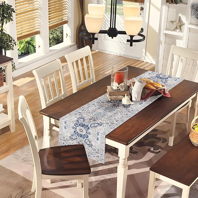 Snycler Table Runner Boho Table Runners Vintage Elegant Farmhouse Table Center Linen Decor for Home Dining Party Entrance (13x108 Inch) Boho-White