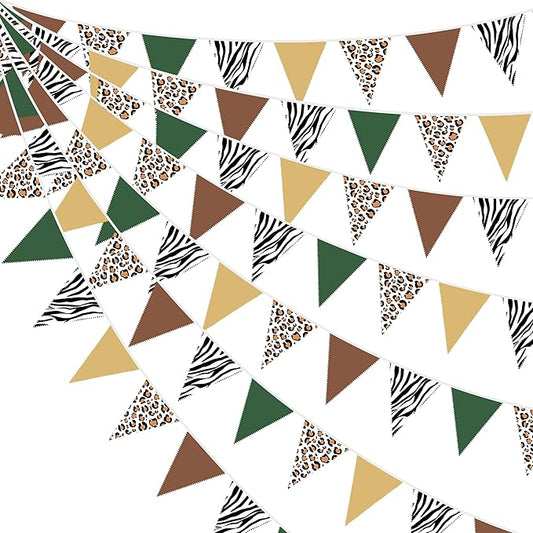 32Ft Jungle Safari Party Decorations Sage Green Brown Wild Animal Leopard Zebra Print Triangle Flag Fabric Banner Pennant Garland Streamers for Cheetah Birthday Baby Shower Party Decor Supplies
