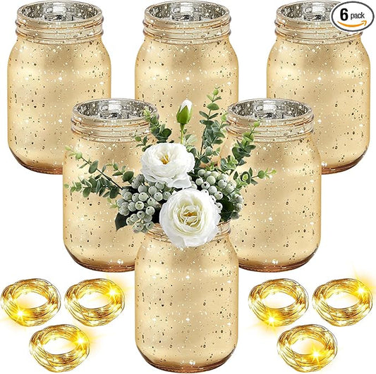 Layhit 6 Pcs Painted Mason Jars Colored Painted Mason Jars Centerpiece for Table with 6 Pcs 9.84 ft 30 LED Operated Fairy Lights for Wedding(Gold)
