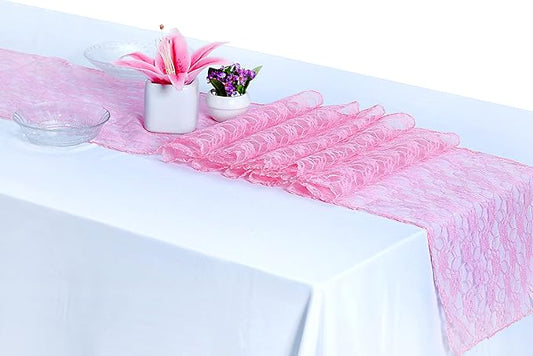 MDS Pack of 25 Wedding 12 x 108 inches Lace Table Runner for Wedding, Decorations for Birthday Parties, Banquets, Graduations, Engagements, and Runners fit Rectangle, Round Table- Pink