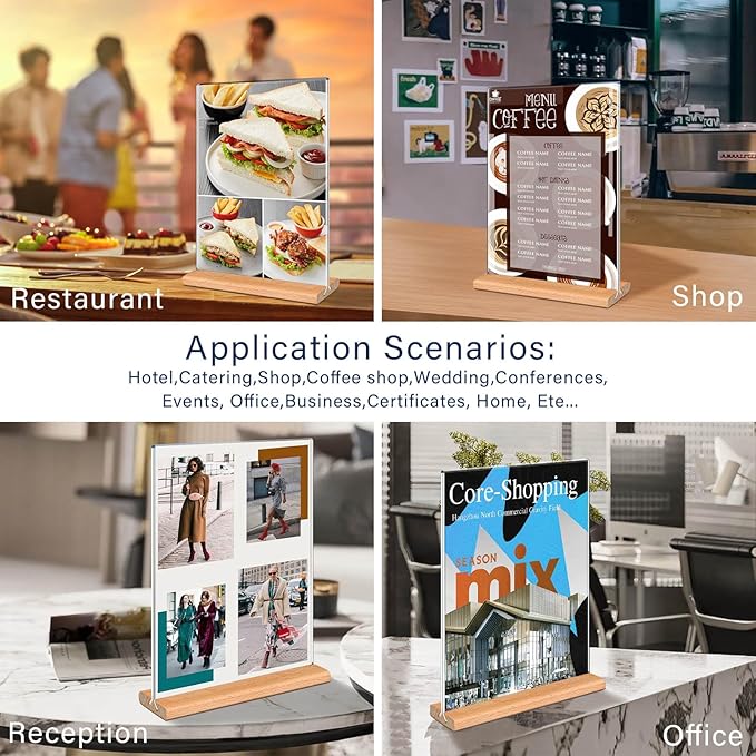 Kersally Acrylic Sign Holder 4 x 6, 3 Pack Double-Sided Clear Table Display Stands with Wood Base,Vertical Acrylic Frame Menu Flyer Paper Holder for Stores, Restaurants, Hotels, Office, Show Fair