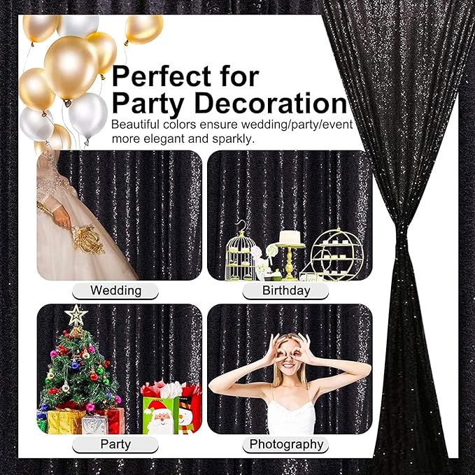 Black Sequin Backdrop Curtains Glitter Drapes 2FTx8FT 2 Panels for Wedding Birthday Party Decorations Bridal Baby Shower Party Supplies Sparkly Photography Background
