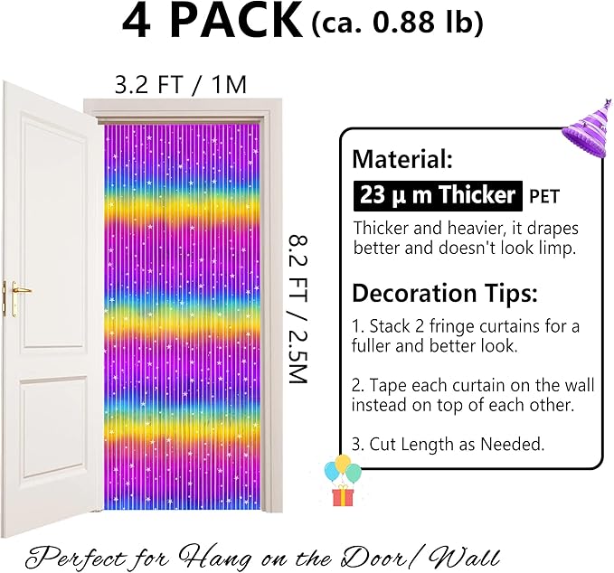 Rainbow Streamers Party Decorations - Thicken 4 Pack 3.2 x 8.2 FT - Rainbow Gradient Tinsel Foil Fringe Curtains, Photo Booth Props Backdrop for Birthday, 80s 90s Party Decorations
