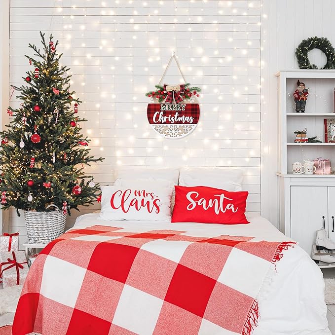 CHDITB 3D Merry Christmas Front Door Sign Wreath(11.4”), Red Black Bufflao Plaid Christmas Decoration Wall Hanging with Snowflakes Berries Mistletoe, Rustic Farmhouse Xmas Decor for Home Winter Party