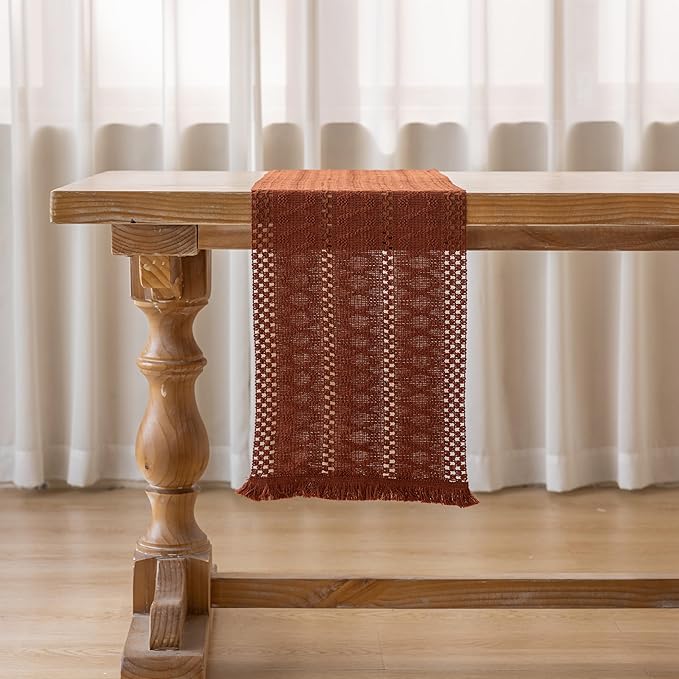 Boho Rust Table Runner for Home Decor 12x72 Inches Farmhouse Macrame Burlap Jute Rustic Dining Kitchen Centerpiece Bohemian Decor French Country Baby Bridal Shower Decorations