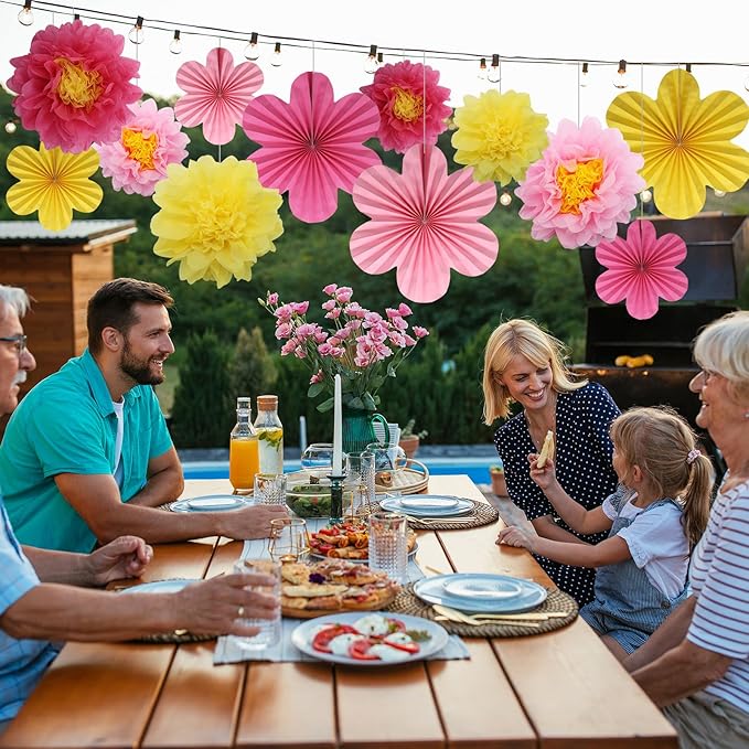 BestoFun 12PCS Paper Flowers Fans Hot Pink Yellow Party Decorations Tissue Paper Flowers Decorations for Girl Groovy Birthday Baby Shower Wedding Bachelorette Room Wall Hanging Décor