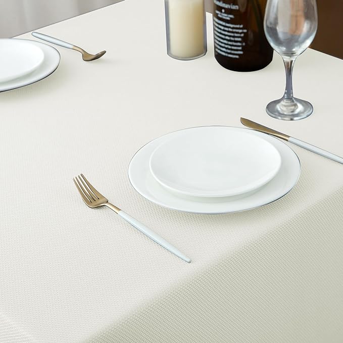 Biscaynebay Textured Fabric Tablecloths 90x156 Inches Rectangular, Ivory Water Resistant Tablecloths for Dining, Kitchen, Wedding, Parties etc. Machine Washable