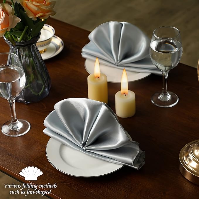 Manyshofu 50 Pieces Silver Satin Napkins - 12x12 Inches Cloth Napkins, Square Satin Fabric Napkin Set - Elegant & Smooth Table Napkins for Wedding Dinner Party Lunch Banquet Decoration