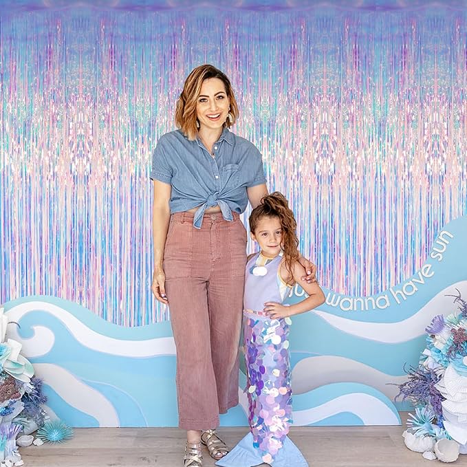 GOER 6.4 ft x 6.5 ft Metallic Tinsel Foil Fringe Curtains,Pack of 2 Party Streamer Backdrop for Mermaid Birthday Party Decorations(Neon Blue)