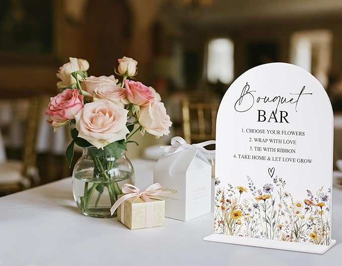 Wedding Signs for Ceremony and Reception, Boho Floral Acrylic Bouquet Bar Sign, Wedding Signage with Stand, Bridal Shower Table Centerpieces, Bouquet Bar Supplies for Engagement Reception Event, 24