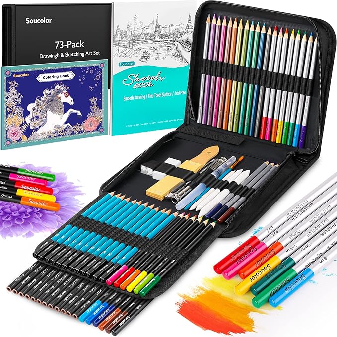 Soucolor 73 Pack Art Supplies Sketching Kit for Adults Kids Teen Gifts, Christmas Gifts, Drawing Sketching Pencils with Sketchbook, Coloring Book, Colored Watercolor Metallic Graphite Charcoal Pencils