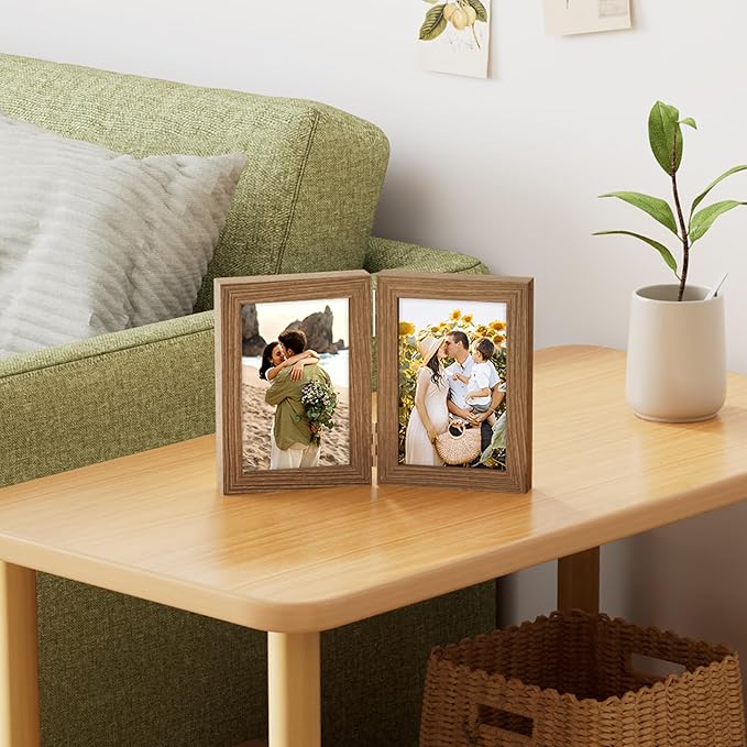 decorUhome Double 4x6 Picture Frame Vertical, Engineered Wood Bifold Photo Frame with Plexiglass for Tabletop Display, 4x6, Oak