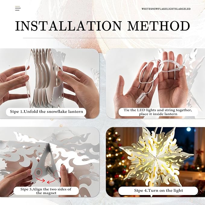 5 Pcs Christmas Paper Snowflake Lanterns, Large 3D Christmas Paper Star Lanterns with LED Lights, White Silver Hanging Snowflake Lamps for Xmas Winter Frozen Weddings Holiday Party Decorations