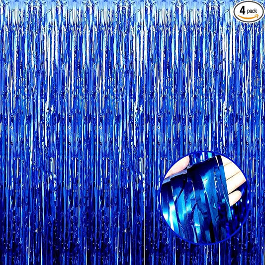 4 Pack Blue Foil Fringe Curtain Backdrop, 3.28Ftx8.2Ft Metallic Tinsel Streamers for Sea Party, Photo Booth Props, Birthday, 2022 Summer Ocean Theme Party Decoration Supplies