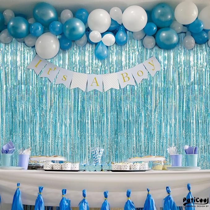 Light Blue Streamers Party Decorations - Thicken 2 Pack 3.2 x 8.2 FT - Blue Foil Fringe Backdrop Curtains for Birthday, Baby Shower, Bachelorette, Frozen, Pool, Under The Sea, Beach Party Decorations