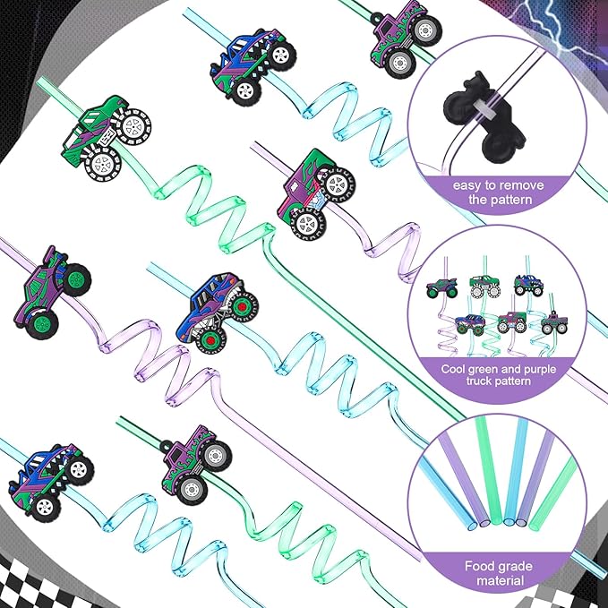 Yungyan 16 Sets Green Purple Monster Truck Party Favors Goodie Cups with Lids and Straws for Halloween Party Decorations Reusable 16oz Plastic Candy Cups Plastic Straws for Birthday Gift(Truck)