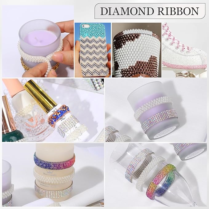 Off-White Pearls Ribbon 3 Yards Self Adhesive Pearls Strips Diamond Ribbon Sticker Crystal Roll Glitter Bling Rhinestones Tape for Crafting DIY Art Decoration (0.4 Inch)