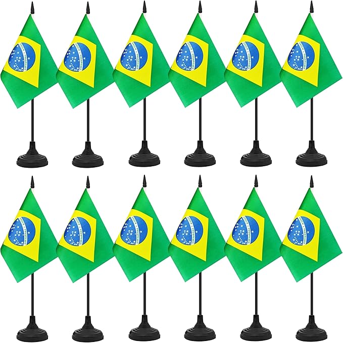 12 Pack Brazil Desk Flag Set, Brazilian Table Office Flag, Small Miniature Desktop Flag With Black Pole and Black Base, Classroom, Offices Meeting Desk Decoration (Brazil)