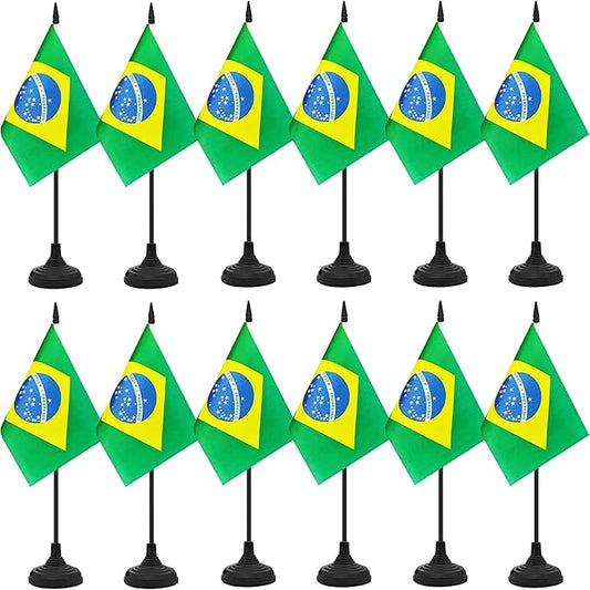 12 Pack Brazil Desk Flag Set, Brazilian Table Office Flag, Small Miniature Desktop Flag With Black Pole and Black Base, Classroom, Offices Meeting Desk Decoration (Brazil)