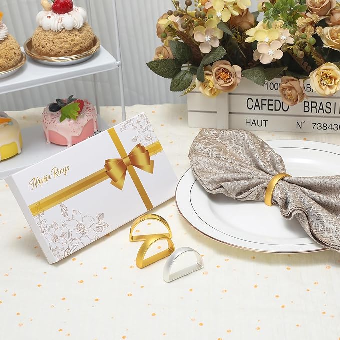 KPOSIYA Napkin Rings Set of 12, Metal Gold Napkin Rings Bulk for Table Settings, D-Shape Napkin Holders Rings for Dinner Table Decor, Easter, Fall,Thanksgiving, Christmas, Party,（12pcs）