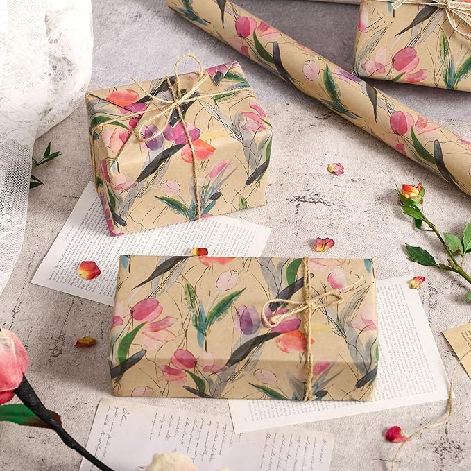 RUSPEPA Tulips Floral Wrapping Paper Roll, Watercolor Gift Wrap, Mini Roll Kraft Paper Roll for Girls, Spring, Summer, Wedding and Birthday 17 Inches x 32.8 Feet