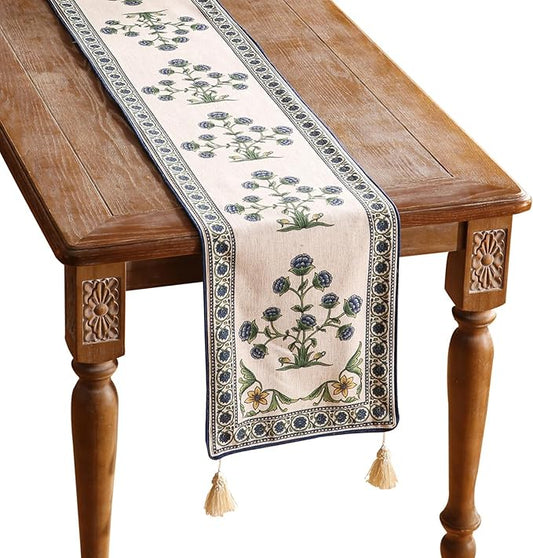 patdrea Designer Blue Rustic Elegant Floral Patterned Linen Table Runner 71 Inch Long,Wrinkle Resistant Table Mat,Decoration for Kitchen Dining and Coffee Tables Banquet Christmas , 12"x71"