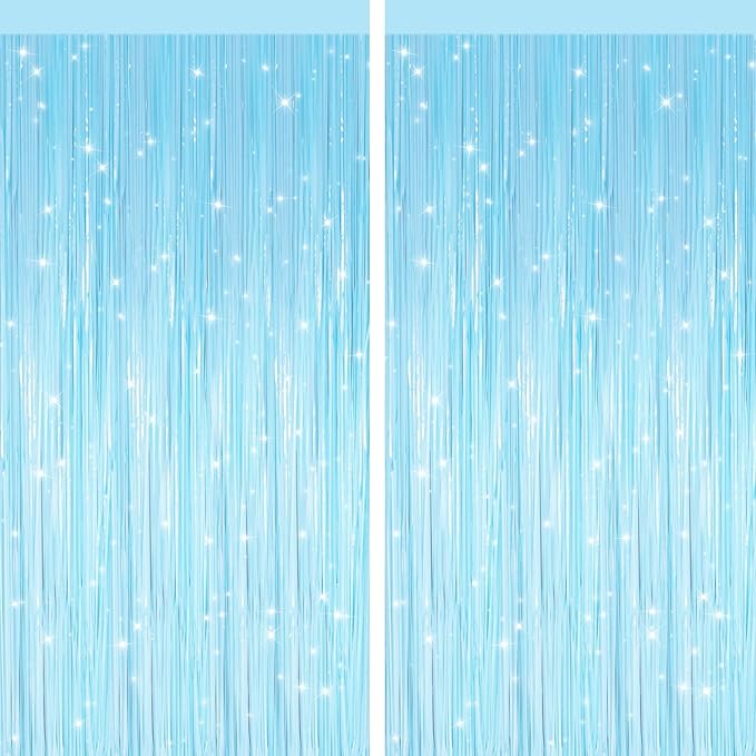 2 Pack Macaron Light Blue Metallic Tinsel Foil Fringe Curtains, Door Streamers Photo Booth Backdrop for Birthday Party, Tinsel Curtain Backdrop for Baby Shower Bachelorette Christmas Party Decorations