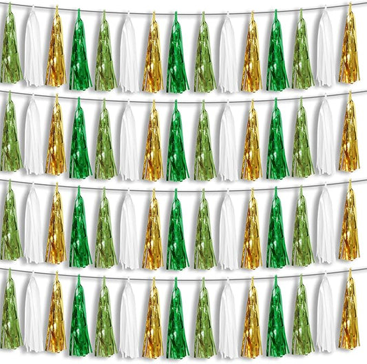 4P Sage-Green Beige-Mint Gold Foil Fringe Metallic Tassel Garland Banner, Tassels Banner Streamers for Parade Floats, Bachelorette, Wedding, Birthday, Christmas, Bridal/Baby Shower Party Decorations